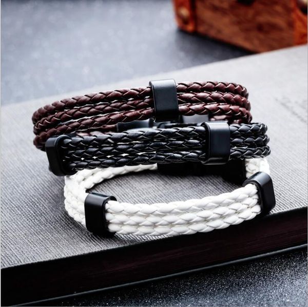 

cuff vintage leather multi-layer alloy woven bracelet, White