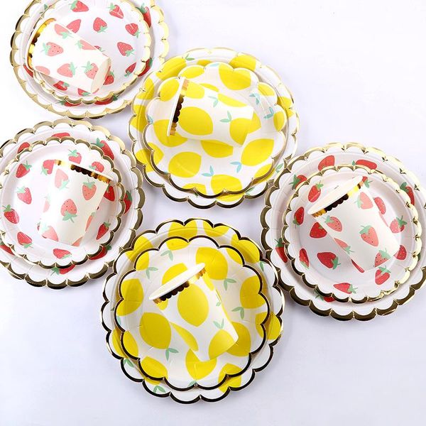 

disposable dinnerware strawberry lemon print tableware ser paper plates cup straws napkins dining supply baby shower birthday wedding party