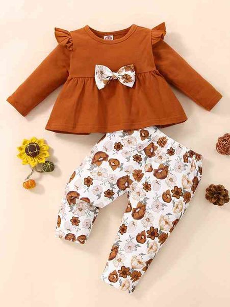 

baby ruffle trim floral print bow front & pants she, White