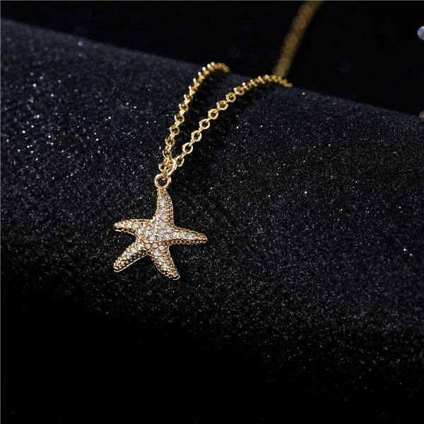 

japanese and korean style lovely little starfish pendant necklace women's copper plated 18k gold micro inlaid zircon product, Silver