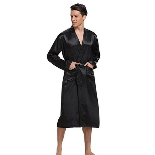 

men's sleepwear black men satin rayon robe gown solid color kimono bath nightwear lounge casual male nightgown home wear, Black;brown