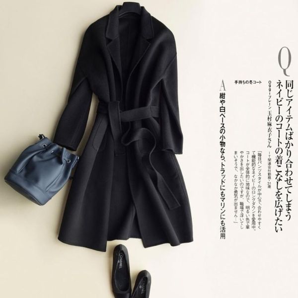 

women's wool & blends in long loose short tape cashmere coat pocket with little cloth female 150 cm, Black