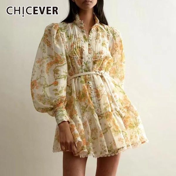 

casual dresses chicever print vintage dress for women stand collar long sleeve high waist hit color mini female 2021 clothes summer, Black;gray