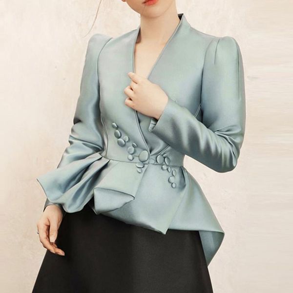 

women's blouses & shirts short coat 2021 asymmetric pleated design waist v-neck ruffles high street solid ladies thick, White