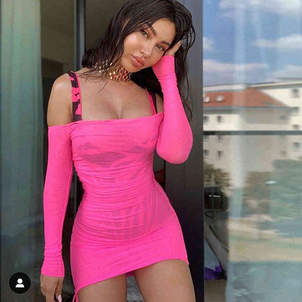 

newasia summer beach dress swimsuit cover up woman neon green drawstring off shoulder long sleeve ruched mini dress robe 210413, Black;gray
