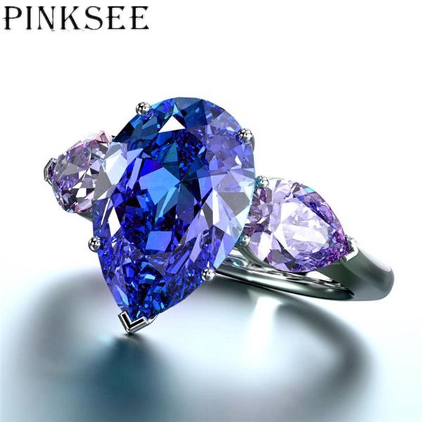 

cluster rings pinksee creative fashion blue zirconia stone finger ring women girls classic elegant wedding engagement crystal jewelry gifts, Golden;silver