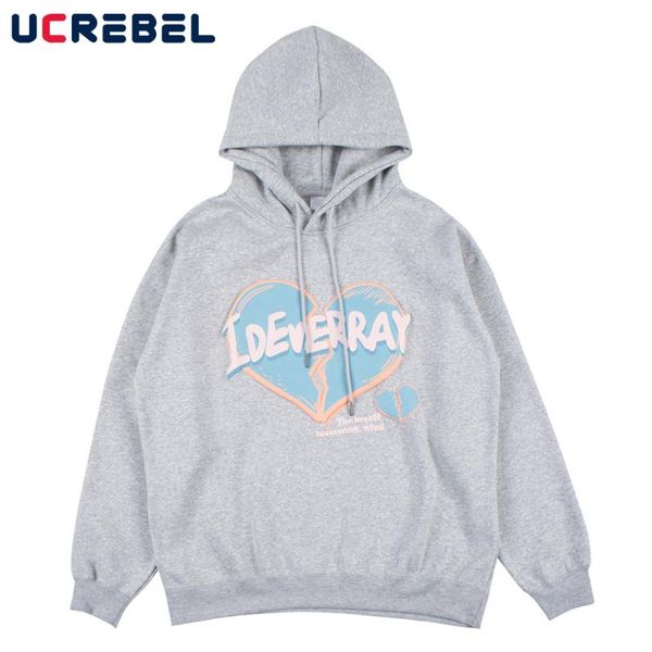 

men's hoodies & sweatshirts heart print fleece mens winter casual streetwear loose long sleeve pullove men, Black