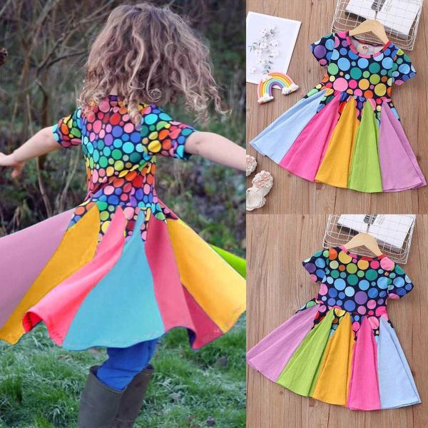 

girl's dresses 2021 summer princess dress toddler baby kids girls casual short sleeve dot printed splice rainbow knee-length 12m-5y, Red;yellow