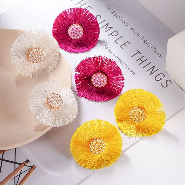

studs earrings bohemian ear jewelry alloy bead cotton thread tassel flower female, Golden;silver
