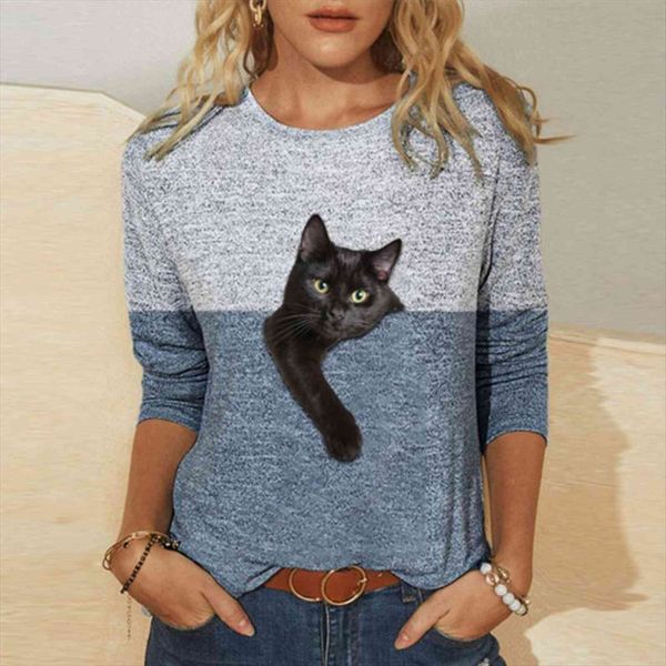 

spring cute cat print patchwork womens shirts o neck long sleeve plus size streetwear autumn pullover 3xl, White