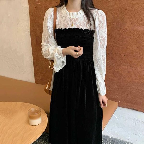 

casual dresses elegant patchwork party a-line spring long flare sleeve vintage dress women woman winter 2021 korean style, Black;gray
