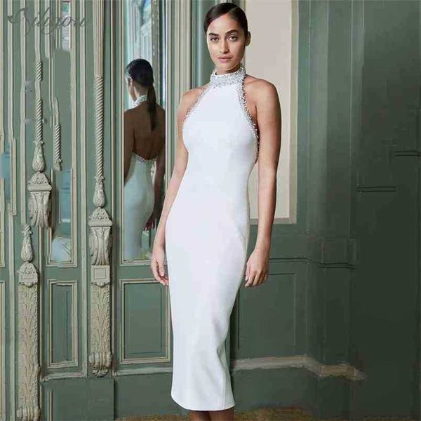 Summer Style White Ladies Bodycon Bandage Dress Abito elegante Sexy Sexy Beaded Senza Maniche Club Celebrity Party 210525