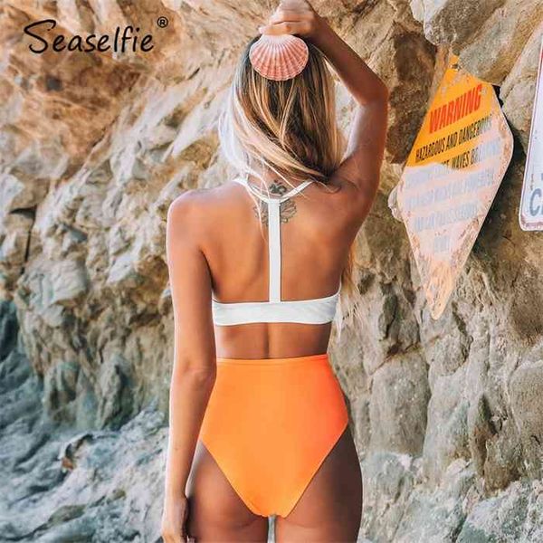 

seaselfie solid white and orange bikini sets high-waist padded swimsuit two pieces swimwear women beach bathing suits, White;black
