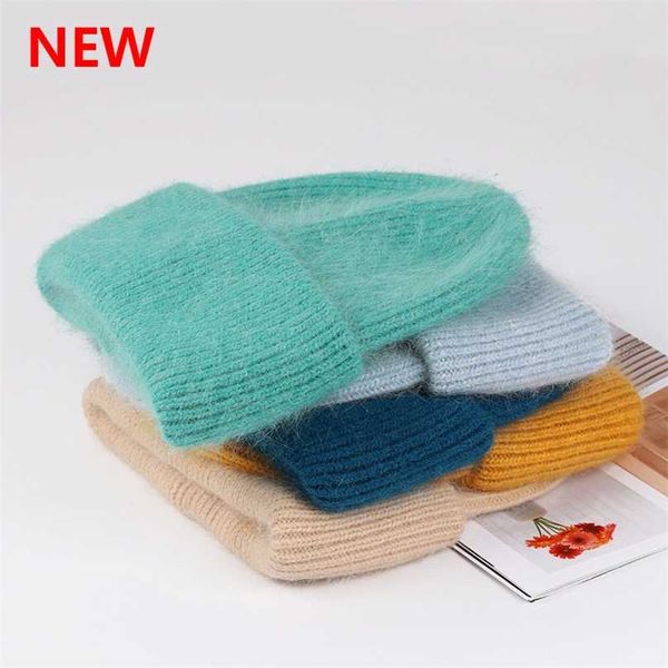 

fashion autumn winter rabbit hair hat warm stripe beanies s casual women solid cashmere knitted beanie 211119, Blue;gray