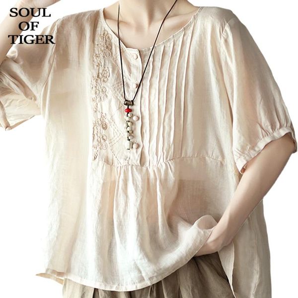 

women's blouses & shirts soul of tiger korean summer 2021 fashion women linen loose ladies short sleeve casual elegant plus size, White