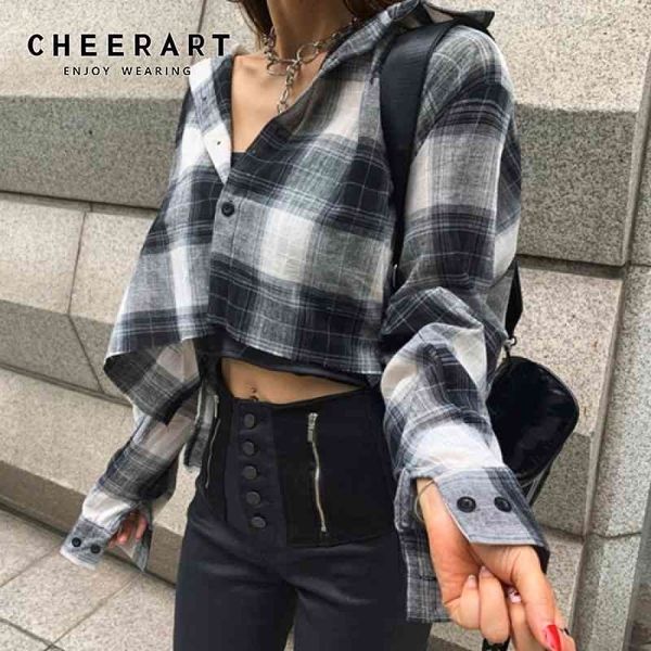 

cheerart buffalo plaid shirt women crop long sleeve blouse button up shirt fall korean fashion clothing 210410, White