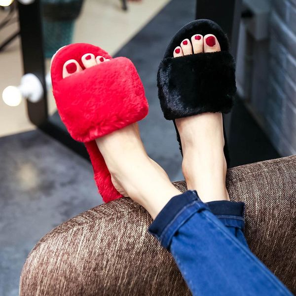 

slippers women fur house indoor home spring casual slides flip flops flat solid soft comfort zapatos de mujer, Black