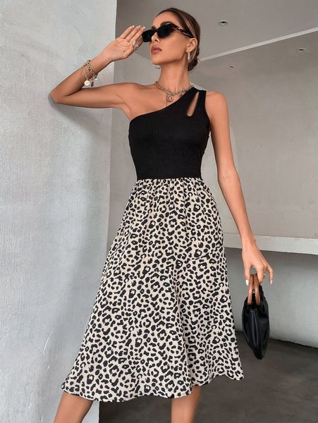 

contrast leopard one shoulder cut out dress k3lw#, Black;gray