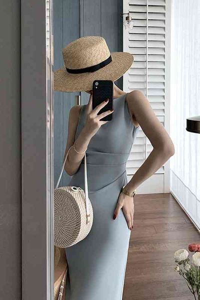 

casual dresses 2022 french hepburn xia yi shoulder sleevels long skirt with slim waist, Black;gray