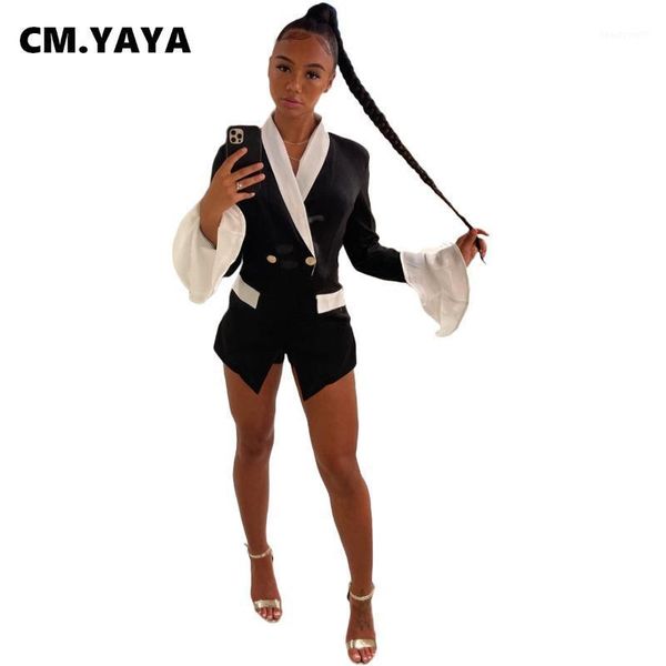 

women's suits & blazers cm.yaya women patchwork full flare sleeve notched collar double breasted slim office lady fashion clothing fall, White;black