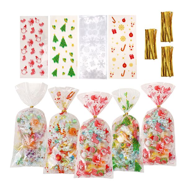 

50pcs/pack decoration christmas transparent gift bag candy biscuit packaging bag opp with golden cable tie clear plastic flat