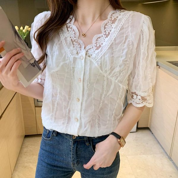 

women's blouses & shirts 2021 summer shirt lace v-neck fashion style base with sling hollow out small french short sleeve, White