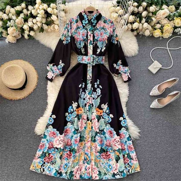 

women's elegant designer runway dress fashion spring autumn long lantern sleeve single breasted floral print maxi dresses 210603, Black;gray