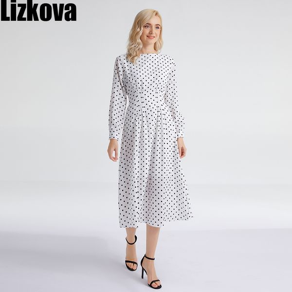 

lizkova white dot print chiffon dress women long sleeve elastic waist robe 2021 spring female o-neck lantern sleeve vestio ni001, Black;gray