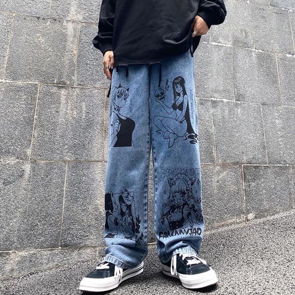 

vintage washed streetwear harajuku cartoon women jean anime print fashion girljeans loose wide leg pants cotton, Blue