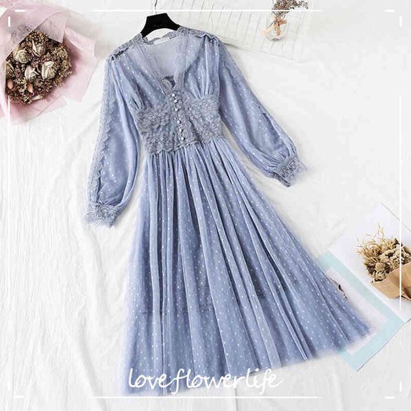 

polka dot print women dress 2-piece set spring summer vintage long sleeve party dress sweet lace mesh dresses vestidos 210521, Black;gray