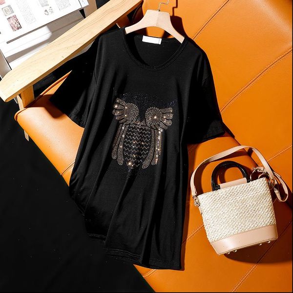 

summer fashion womens t shirt loose plue size short sleeved for women casual personality owl pattern diamond female, White