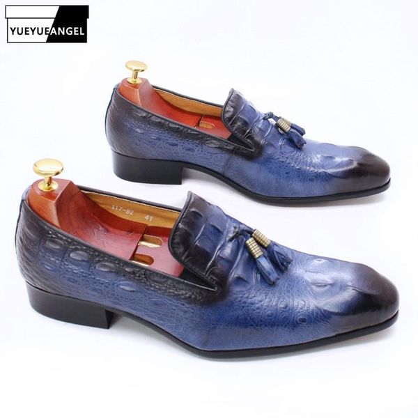 

dress shoes men genuine leather casual handmade tassel crocodile print loafers luxury wedding party plus size 47 mocasines, Black