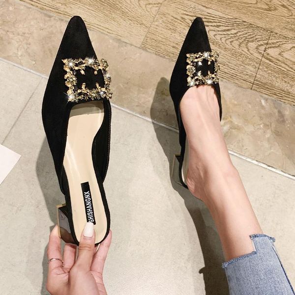 

fashion metal button heeled mules women flip flops closed modern slides summer shoes sandals pointed toe slippers femme, Black