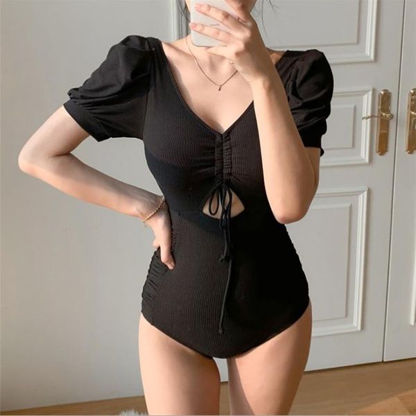 

one-piece suits 2021 women one piece swimsuit black short sleeves monokini padded vintage summer beach wear bodysuit maillot de bain fe