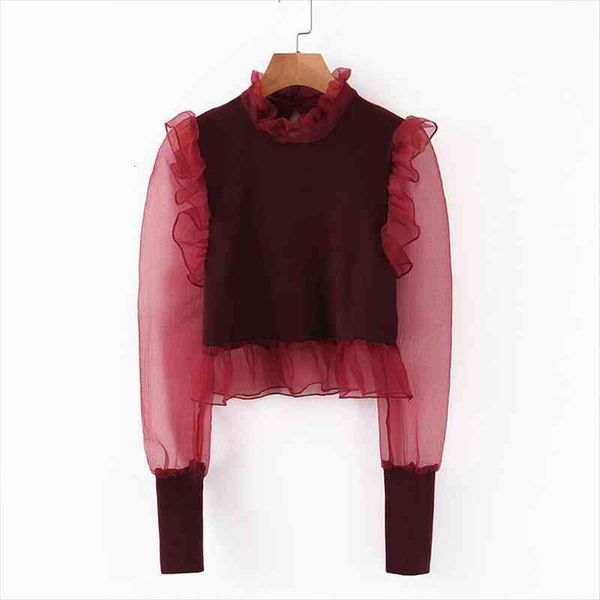 

vintage perspective organza patchwork blouse women fashion o neck elegant ladies long sleeve shirts blusas mujer, White