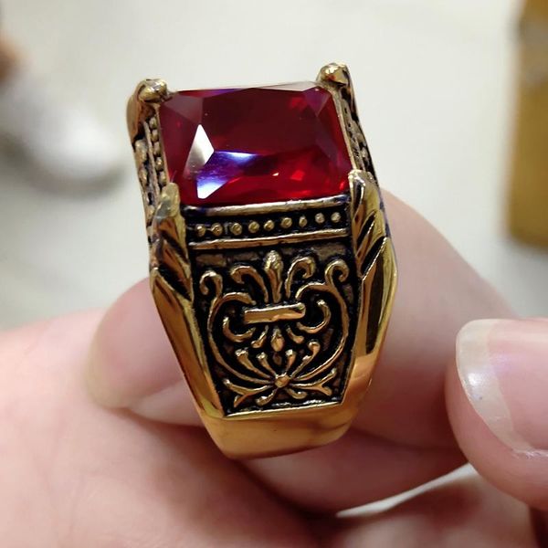 

cluster rings red purple gold vintage men's stone punk jewelry for man classic black color ring male stainless steel bijoux aneis, Golden;silver