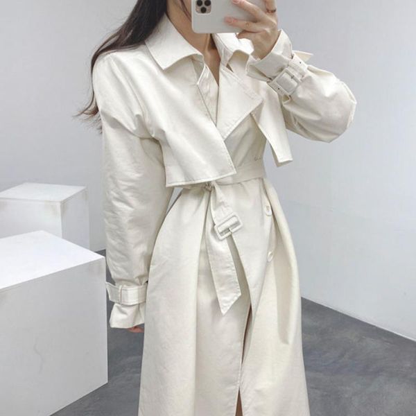 

women's trench coats korea fall chic french temperament lapel double-breasted lace-up gathered waist hubble-bubble sleeve long coat, Tan;black