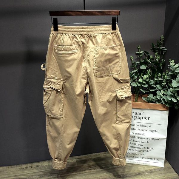 

men's pants 2021 autumn winter fashion men multiple pockets high waist casual loose male beam feet cargo f223, Black