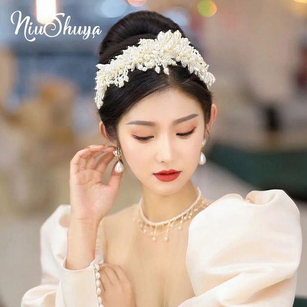 

hair clips & barrettes niushuya handmade white flower pearl hairband women lace headpiece wedding bride hairwear accessories, Golden;silver