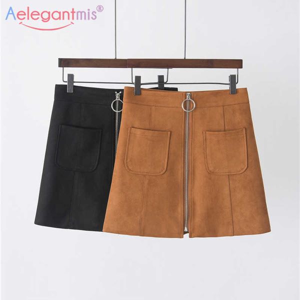 

aelegantmis summer elegant suede fabric high waist women mini skirt ladies plus size casual slim a-line short skirts black 210607