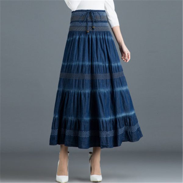 

skirts high waist denim skirt women a line elastic maxi long female fashion vintage drawstring splic pleated rm50123 tjo3, Black