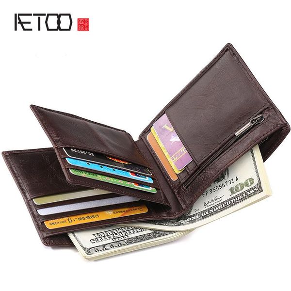 

wallets aetoo 100% cow leather wallet men's vintage leisure short paragraph oil wax multi-card position, Red;black