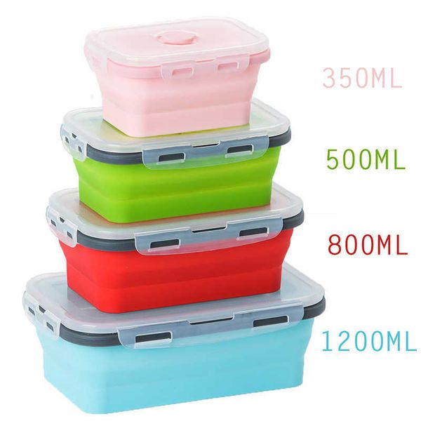 4 tamanhos Colaborável Silicone Recipiente de Alimentos Portátil Bento Lunch Box Microware Home Cozinha Armazenamento Ao Ar Livre Recipientes 210709