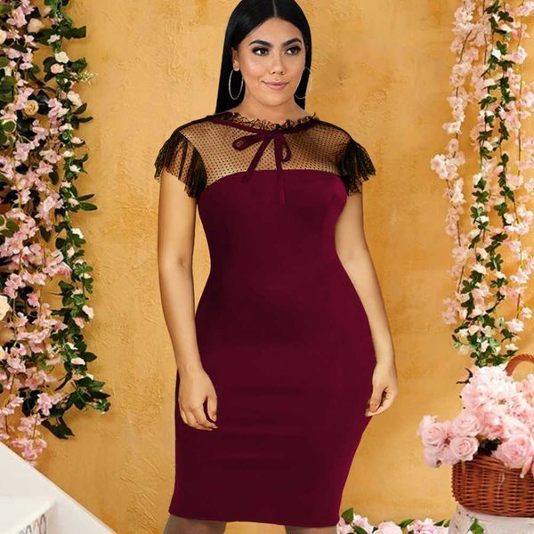 

burgundy plus size dresses bowtie polka dot patchwork knee length office lady evening occasion event party dress for women 3xl, Black