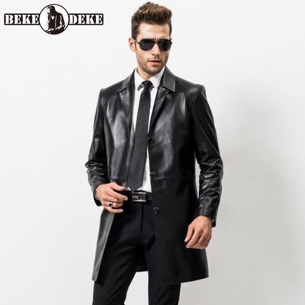 

men's leather & faux england style mens business real long jacket spring autumn lapel sheepskin formal coat brand windbreaker, Black