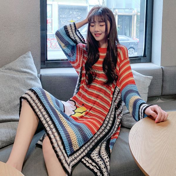 

[ewq] spring women casual round neck loose soft panelled striped over knee long sleeve pullover knitting sweater 8y215 210423, White;black