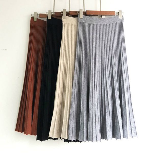 

casual dresses autumn classic calf long rib knitted skirt korean retro pleated a-line swing knit skirts gray beige ntid, Black;gray