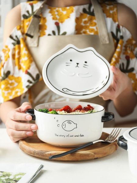 

bowls cute cat and fish pattern ceramic instant noodle bowl with lid large soup fruit salad kitchen tableware