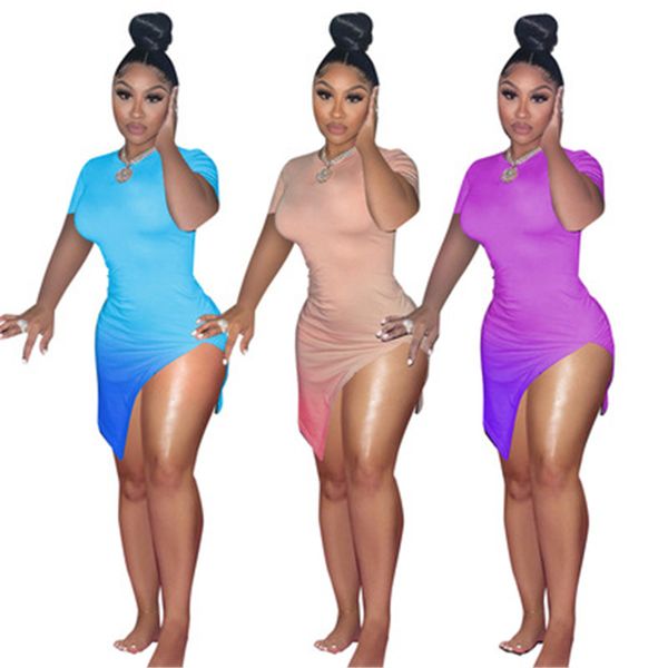 Feminina gradiente sexy vestidos skinny moda tendência manga curta alta cintura pacote quadril saias desenhador feminino verão casual pernas nightclub vestido