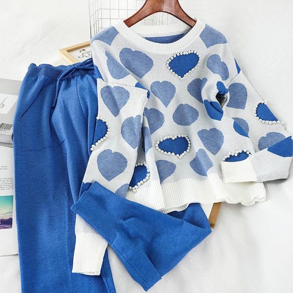 

women's two piece pants knitting set 2 sweet heart shaped beaded long sleeve sweater pullover&high waist lace up trousers suits, White